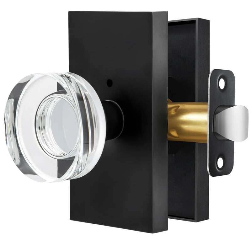 Privacy Door Knob with Lock - Crystal Glass Interior Door Handle for Bedroom Bathroom Closet - Matte Black, 1 Pack Privacy