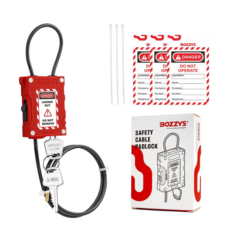 Adjustable Cable Lockout Padlock, Red Loto Safety Lockout Locks,Plastic Body for Lock Out Tag Out Stations and Devices,with Plastic-Coated Stainless Steel Cable (6MM Diameter, 1.8M Length) BD-LG81-1PCS