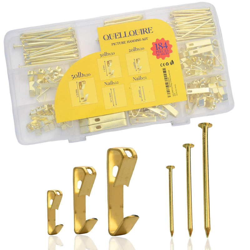 184-Pieces Picture Hanging Kit – Includes 20lb, 30lb, and 50lb Wall Picture Hangers with Metal Hooks and Nails for Drywall, Wood Walls and More