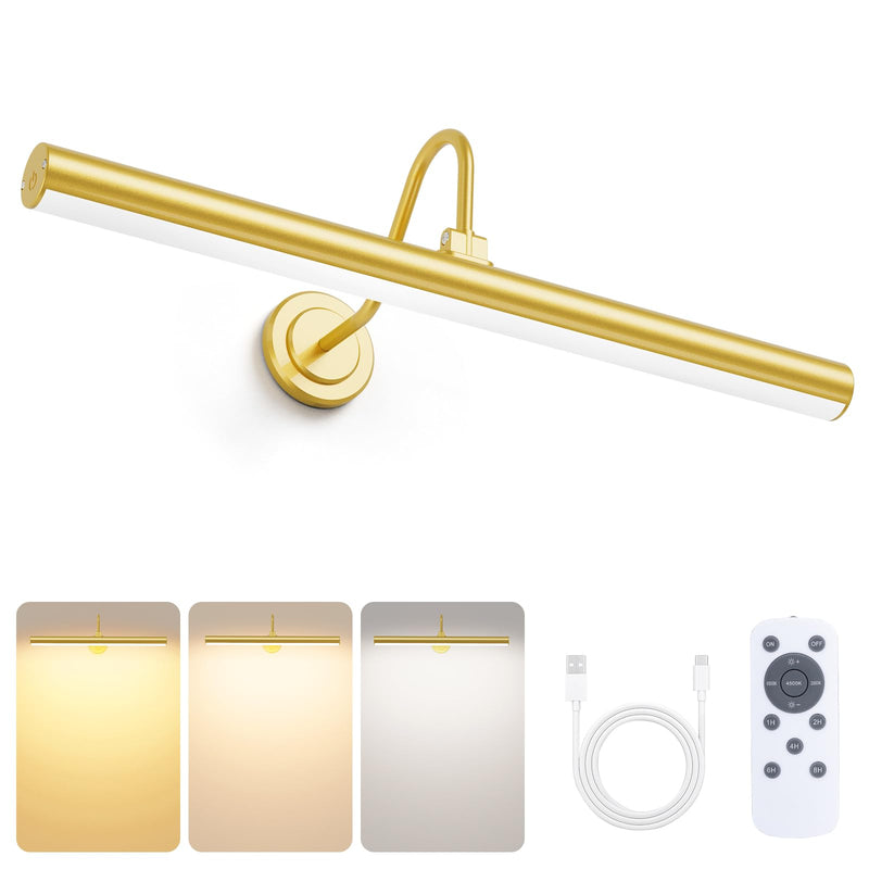 Bridika 16.5in Picture Lights for Wall Battery Operated, Wireless Picture Light with Remote, 3 Color Modes and Dimmable Classic Art Light for Paintings, Gallery, Dartboard with Timer (Gold, 1 Pack) Gold
