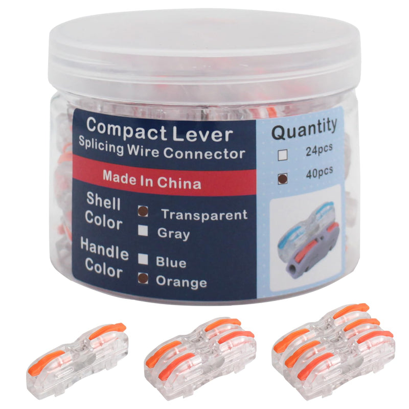 1 in 1 Out Lever Nuts Compact Splicing Wire Connectors,40 Pcs in Buckets of Quick Connect Electrical Splicing Connectors Orange Handle and Transparent White Shell Lever Nuts 40