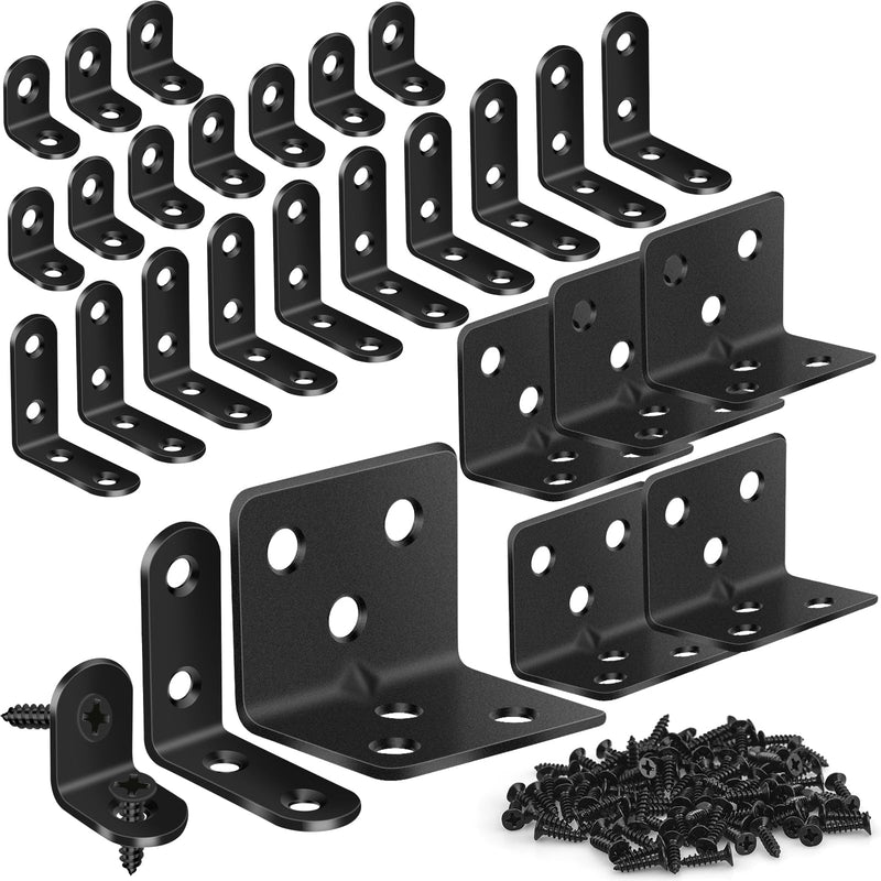 25Pcs L Brackets for Shelves, 3 Sizes Angle Corner Braces Metal L Bracket Heavy Duty for Wood, Sturdy and Rustproof for Repairing Furniture with 82Pcs Screws Mounting Bracket Easily Black 3 SIZE Black