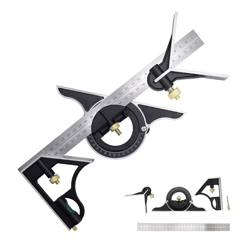 BAUSATZ 12 inch Stainless Steel Combo Square - Universal Bevel 180 Degree Angle Combination Square Set Protractor Ruler