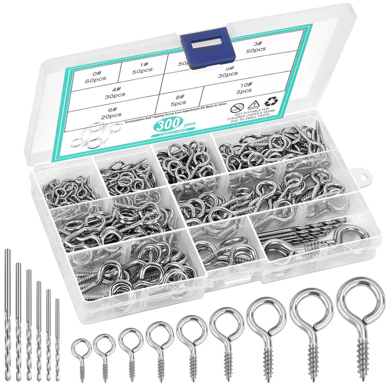 306 PCS Eye Hooks Screws Assortment Kit, (0.6"-1.65") 9 Sizes Nickel Plated for Waterproof and Durability, Metal Eyelet Screws Eye Pins and Eye Bolts Screw in Wood Includes 6PCS Drill Bit Sliver