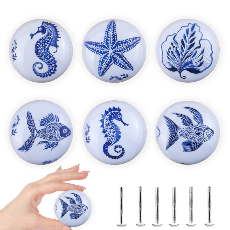 6PCS1.49Inch Coastal Beach Cabinet Themed Nautical Kids Ceramic Drawer Knobs and Handles Pulls Nursery Dresser Knobs