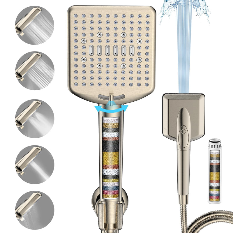 Filtered Shower Head with Handheld Brushed Nickel - High Pressure 6 Modes, 120 Anti-clog Nozzles, Detachable Showerhead with Hard Water Filters, Extra Long 6ft Hose, Power Wash Mode