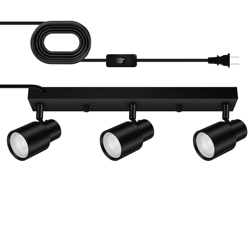 Plug-in Track Lighting LED, Track Light Fixtures Ceiling, Black 3-Light Track Lights for Kitchen, 3 Way Ceiling Spotlight, Rotatable Wall Mount Light Head for Bedroom Hallway, Bulb Not Included 3-Light Track Lighting(Black)