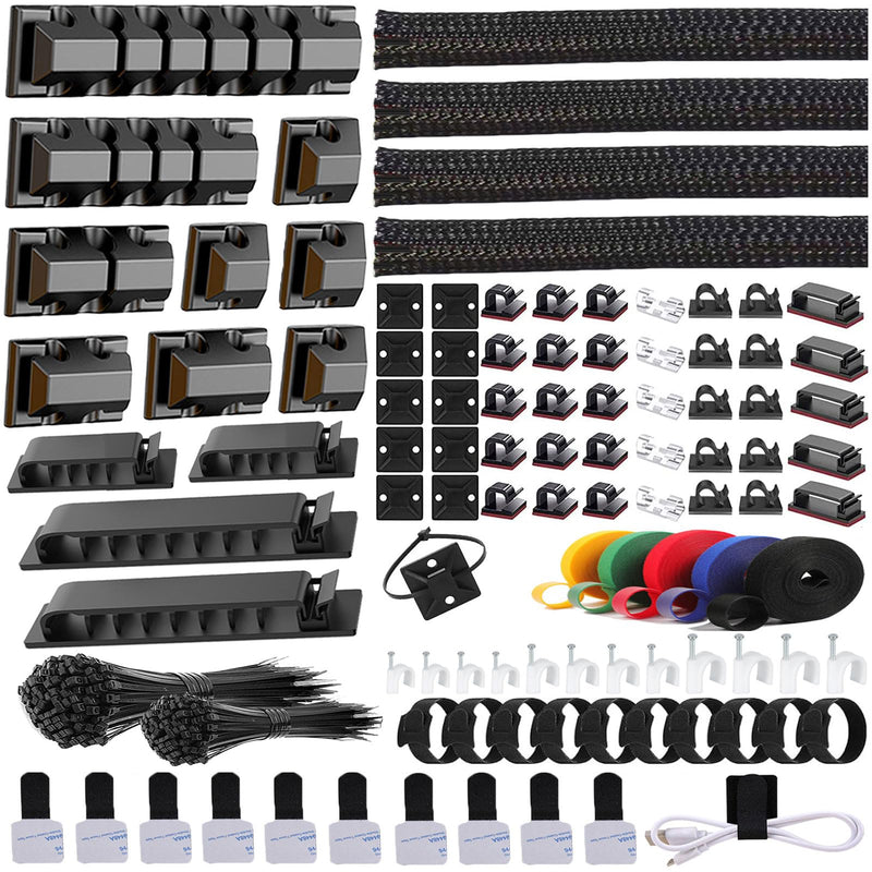 ELII 327 PCS Cable Management Kit 4 Cable Cable Sleeves,65 Cable Clips with 13Cord Holders,25 Roll Cable Organizer Straps,200 Fastening Cable Ties,20 Cable Zip Tie Mounts for Computer (Black) Black
