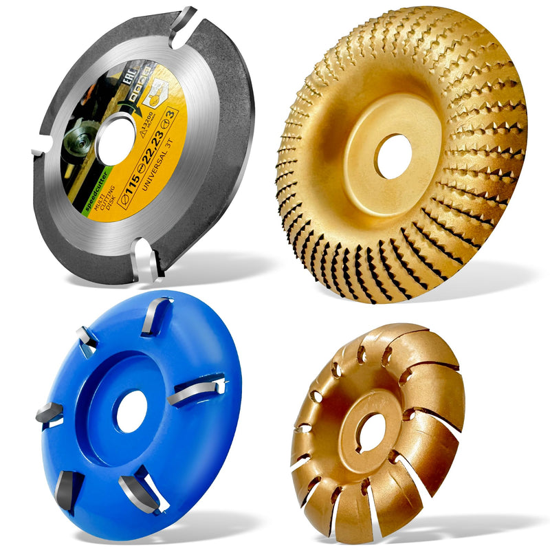 Upgraded 4 PCS Angle Grinder Wood Carving Disc Set, Angle Grinder Attachments Wood Shaping Disc Grinding Wheel Wood Cutting Carving for 4 1/2 inch with 5/8 & 7/8 Arbor (4PCS-Multifunction) 4PCS-Multifunction