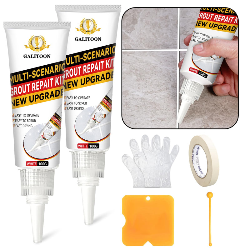 Tile Grout Repair Kit, 2 Pack Grout Filler, Fast Drying Tile Grout, Grout Sealer Bathroom Shower Kitchen Floor Tile, Restore and Renew Tile Joints Line, Gaps, Replace Grout Pen(White) White 200G