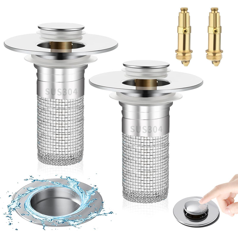 2PCS Bathroom Sink Stopper Strainer, Pop-Up Bathroom Sink Drain Strainer with Removable Stainless Steel Hair Catcher Basket, Universal Fit for US Bathroom Sinks, Bathtubs, Showers & Floor Drains 2pcs