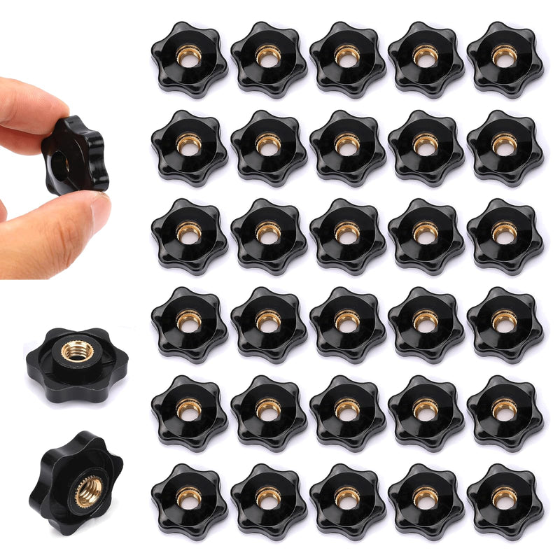 30PCS 1/4-20 Knob, 6-Star Knobs, Nylon Female Threaded Knobs, Black Screw-On Type Thru Threaded Knob Nuts, Hand Tighten Clamping Knobs
