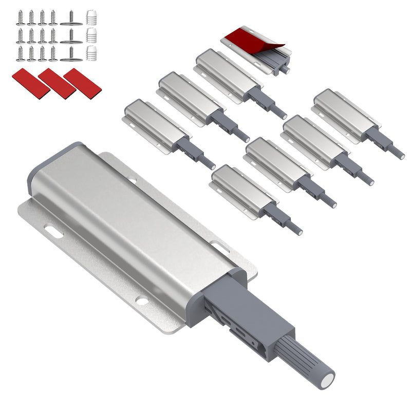 9 Pack Magnetic Cabinet Push Open Latch, Heavy Duty Touch Latches for Hidden Doors Closure, Aluminum Alloy Push Release Press Out Cabinet Catches Hardware for Kitchen Wardrobe Drawer, Silver 9 Pcs Single Push Latch