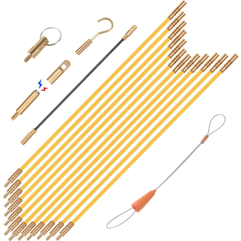 16.8FT Fiberglass Running Electrical Wire Cable Glow Rods Wire Pulling, Fish Rods Electrical Kit with 6 Different Attachments and Fish Tape Wire Puller Kit (Yellow) 16.8FT