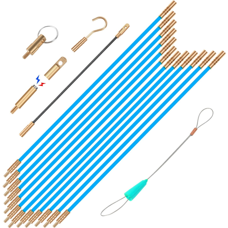 16.8FT Fiberglass Running Electrical Wire Cable Glow Rods Wire Pulling, Fish Rods Electrical Kit with 6 Different Attachments and Fish Tape Wire Puller Kit (16, Blue) 16.8FT