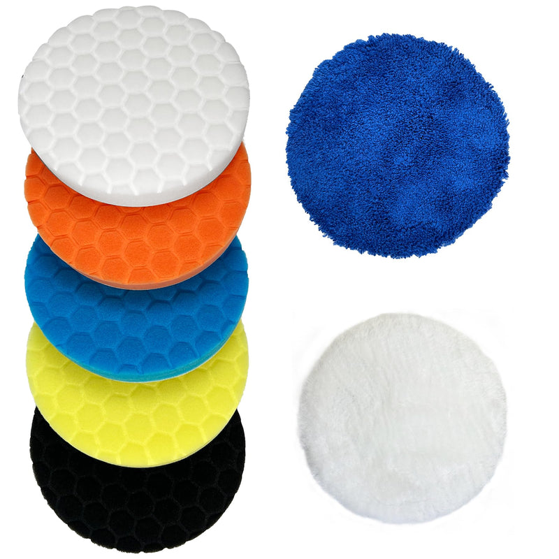 Buffing Polishing Pads 6 Inch - 7Pcs 150mm Face for 6 Inch 150mm Backing Plate, Car Compound Buffing Sponge Pads and Woolen Cutting Polish Pad Kit for Car Polishing and Waxing 6in