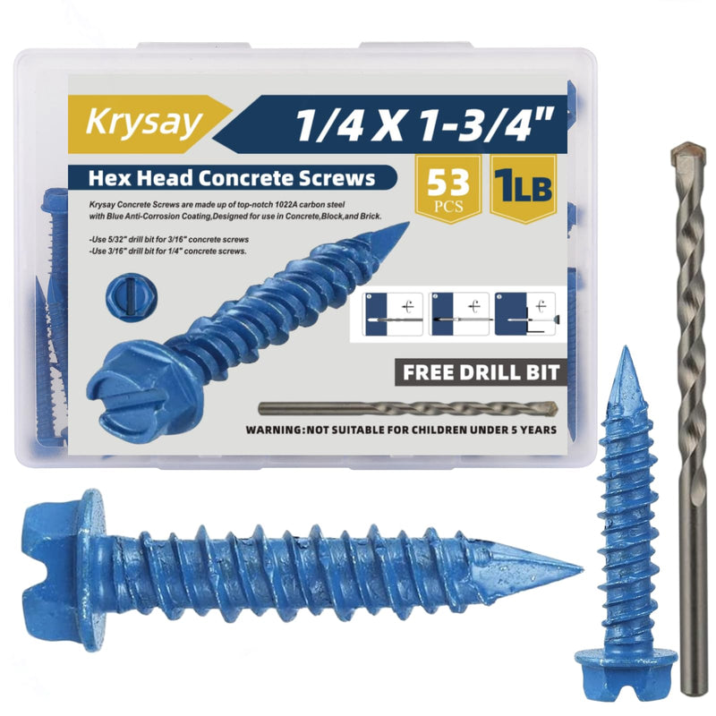 53Pcs 1/4 x 1-3/4 in Concrete Screws with Drill bits,Masonry Screws for Concrete Assortment Kit,Hex Head Block Cement Stacoo Screws and Anchors,Diamond Point,Blue Coated(1LB) 1/4×1-3/4 In Blue-Hex
