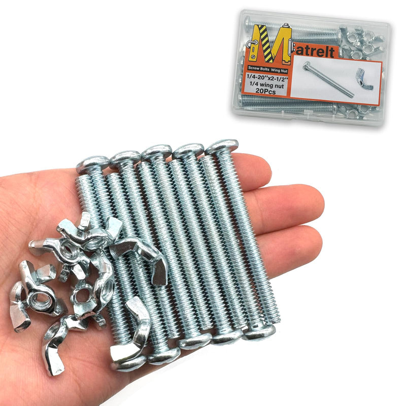 20Pack 1/4"-20 x2-1/2 Screw Bolts and Wing Nut Kit 10pcs Machine Screws with Round Head Phillips 10pcs Butterfly Hand Twist Tighten Nut Zinc Plated Hardware Fitting Fastenings Assortment Kit 20 Pack 1/4"-20 x2-1/2"