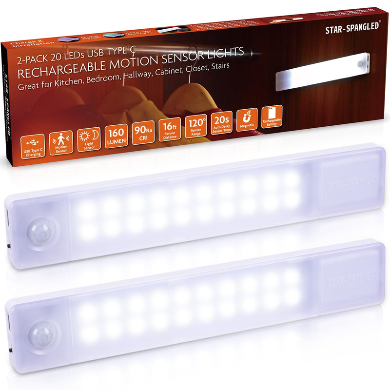 STAR-SPANGLED Under Cabinet Lighting Rechargeable, 8 inch Motion Sensor Lights Indoor Battery Operated, USB Stick on LED Magnetic Closet Light Wireless for Counter, Stairs, Kitchen, Cool White, 2 Pack