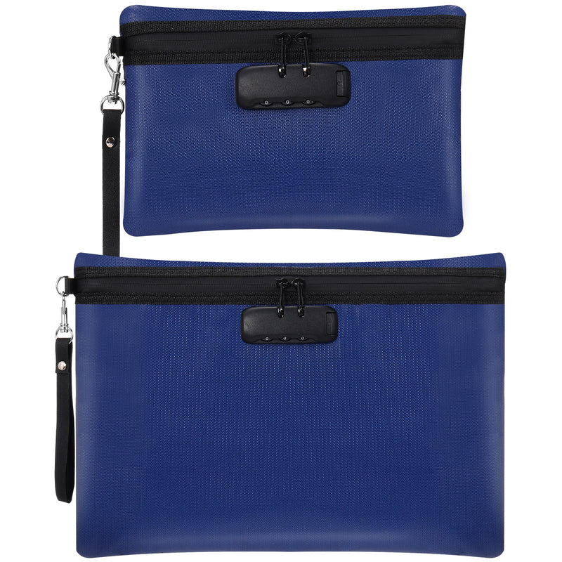 Nezyo Fireproof Safe Money Document Bag with Lock 2 Pcs Notary Journal Waterproof Bag with Zipper for A4 Storage Pouch File Passport Tablet, 14 x 10 Inch and 6.7 x 10 Inch(Blue) Blue