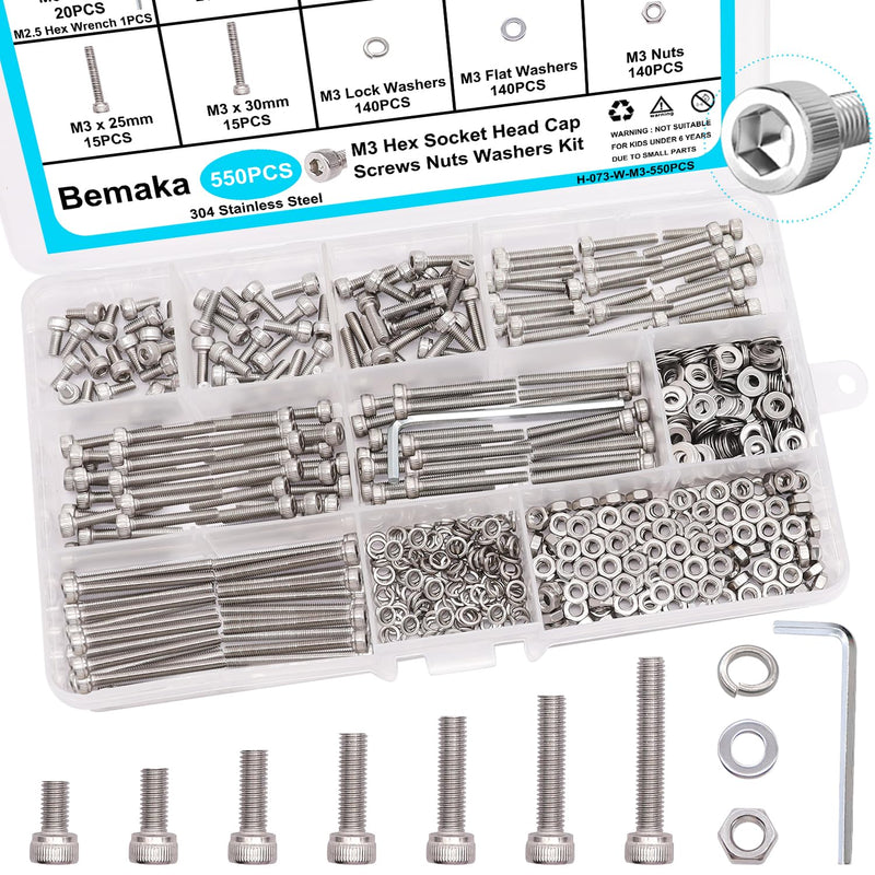 550PCS M3 Screw Kit, M3 x 6/8/12/16/20/25/30mm Hex Socket Head Cap Screws Bolts Nuts Washers Assortment Kit, 304 Stainless Steel M3 Bolts with Hex Wrench