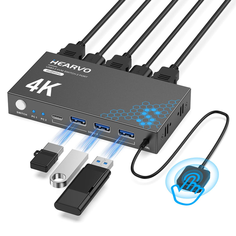 USB 3.0 HDMI KVM Switch 1 Monitors 2 Computers, 4K@60Hz KVM Switches for 2 Computers Sharing Monitor Keyboard Mouse Hard Drives Printer, with EDID Adaptive, 2USB Cable and Controller -S7232H Black 1 Monitor