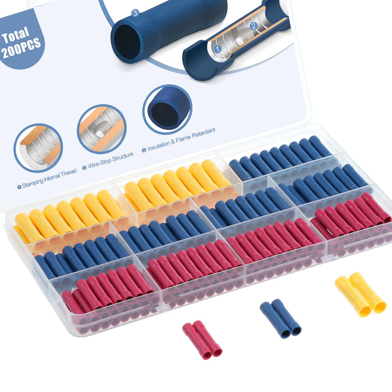 AIRIC 200 Pcs Wire Butt Splice Connectors Kit, 22-10 AWG Electrical Crimp Terminal Connector Red Blue Yellow Kits, Fully Insulated Wiring Straight Crimps Terminals for 22,20,18,16,14,12,10 Gauge Wires Red/Blue/Yellow(22-10 AWG)