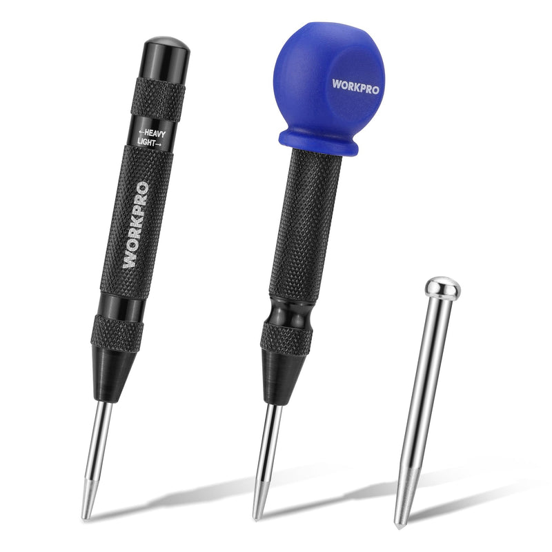 WORKPRO 2PCS Automatic Center Punch with an Extra Replacement Tip, Adjustable Spring Loaded Center Punch, Metal Punch Tool, Center Hole Punch for Wood, Metal, Plastic 2pcs Auto Center Punches with a Replacement Tip