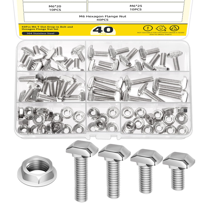 40 Sets M6 T Slot Drop-in Bolt, M6 x 12/16/ 20/ 25mm Hammer Head T-Slot Drop-in Stud Sliding Bolt Screw with Flange Nut for European Standard 30 Series Aluminum Profile