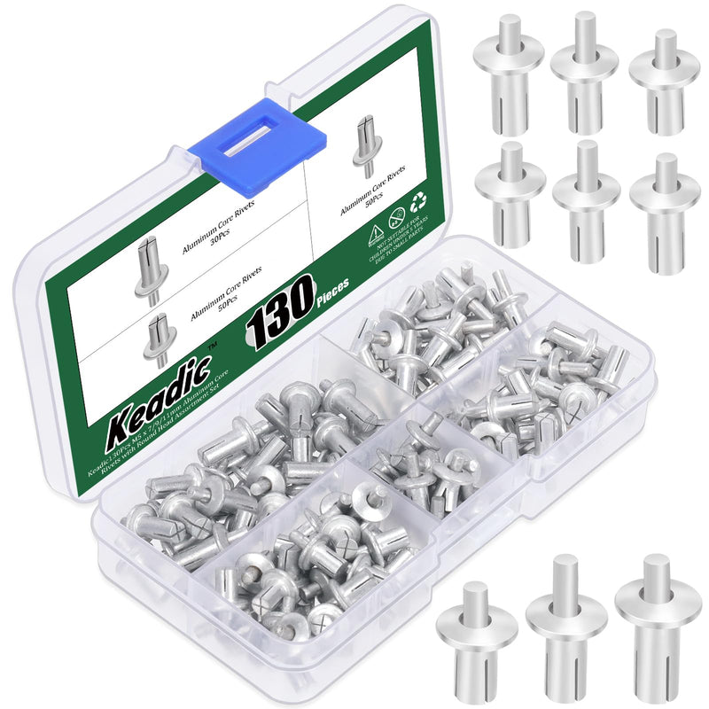 Keadic 130Pcs M5 x 7/9/11mm Aluminum Core Rivets with Round Head Assortment Set with Plastic Case, Half Round Head Hammer Expansion Drive Blind Rivets for Electronic Mechanical Equipment M5*7mm & M5*9mm & M5*11mm