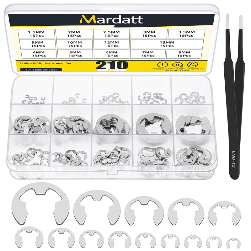 211Pcs Stainless Steel E-Clip Assortment Set, E-Clip Circlip External Retaining Rings - 1.5mm, 2mm, 2.5mm, 3mm, 3.5mm, 4mm, 5mm, 6mm, 7mm, 8mm, 9mm, 10mm, 12mm, 15mm Silver