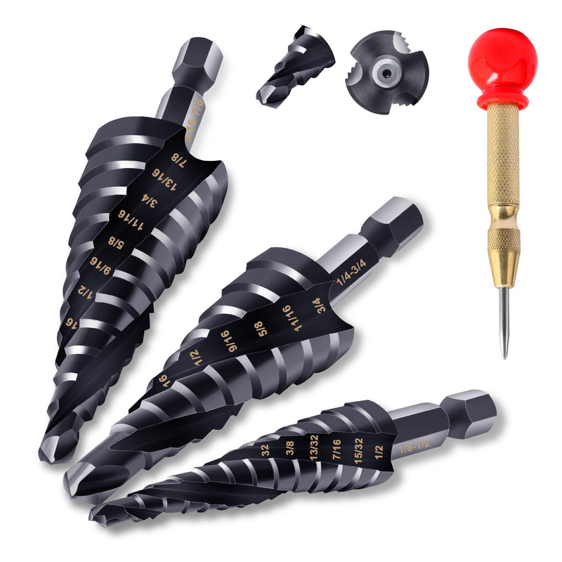 3PCS M35 Cobalt Step Drill Bit for Metal 1/8"-7/8" (34 Step), Three Spiral Flute Step Drill Bit Set & Automatic Center Punch, 1/4" Hex Shank Industrial Grade HSS Unibit Drill Bit for Wood 34 Step Size(1/8"-7/8")