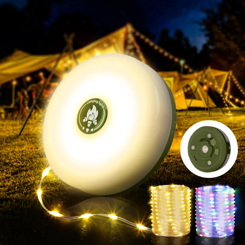 Camping String Lights, 4 in 1 Quick Storage 32.8FT Rechargeable Tent Lights String with 8 Lighting Modes, Hanging Waterproof Portable LED Lamp for Outdoor Patio Awning Garden Party Essentials Green