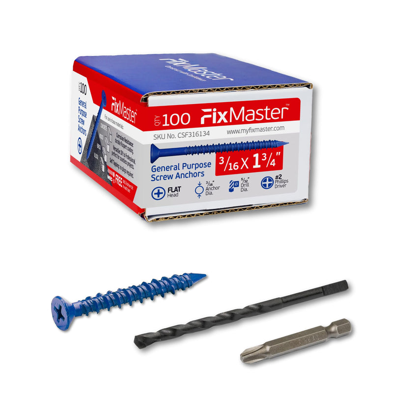 3/16 x 1-3/4" Countersunk Phillips Flat Head Blue Concrete Screw Anchors (100 pcs Screw Kit) with one Screwdriver and Drill Bit for Concrete, Masonry, Block, Brick and Wood Fastening 3/16 x 1-3/4"
