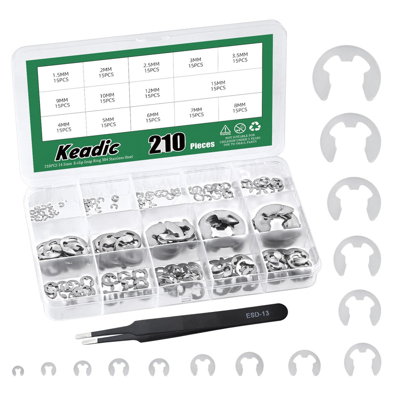 Keadic 211Pcs 14 Sizes 304 Stainless Steel E-Clip Assortment Set, M1.5/M2/M3/M4/M5/M6/M7/M8/M9/M10/M12/M15/M19/M22 Circlip External Retaining Ring Kit 304 Stainless Steel-silver