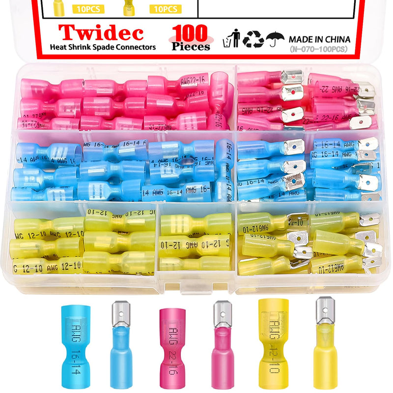 Twidec/100PCS Heat Shrink Spade Connectors Kit 22-10 AWG Female and Male Spade Terminlas Quick Disconnect Connectors Fully Insulated Electrical Wire Crimp Connector for Automotive Marine N-070-100PCS 100PCS