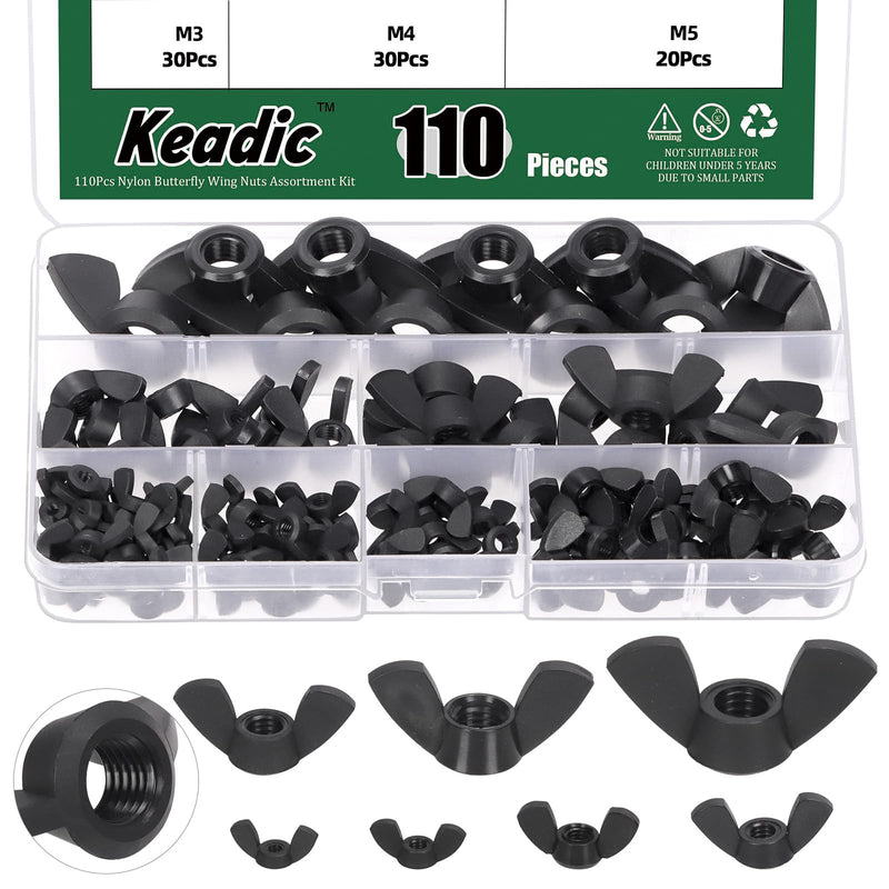 Keadic 110Pcs Nylon Metric Wing Nuts Assortment Set, M3 M4 M5 M6 M8 M10 M12 Hand Twist Tighten Ear Butterfly Nut Wingnuts for Home Building Industry (Black) Black