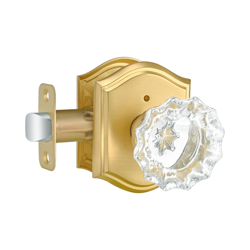Glass Door Knob, Gold Crystal Door Knob Interior with Lock, Satin Brass Privacy Door Knob for Bedroom Bathroom, Brushed Gold