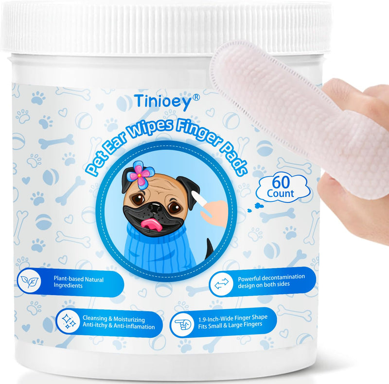 Dog Ear Wipes for Dogs - 1.9in-Wide Large Sized Finger Pads(60 Pads) | Plant-Based Cat Dog Ear Cleaner Wipes Cleaning Solution to Remove Dirt and Ear Wax, Relieve Itching & Inflammation 1.9 inch wide