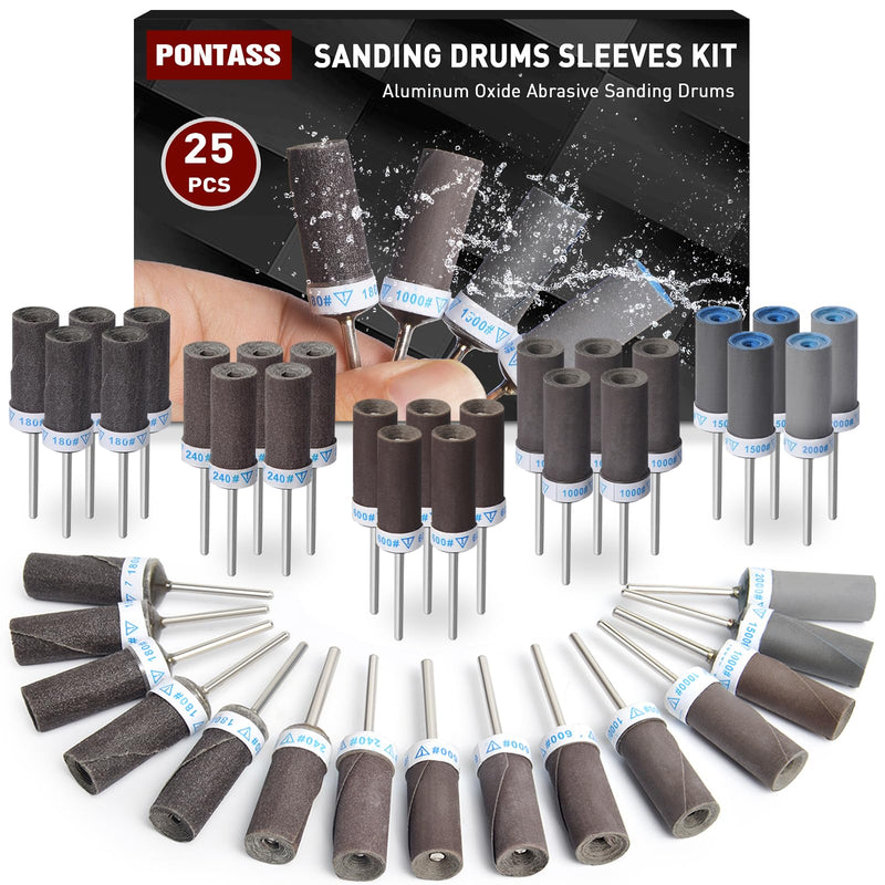 25Pcs Sanding Drums Sandpaper Sticks Set with 1/8"(3mm) Shank for Dremel Rotary Tool, 180/240/600/1000/1500/2000 Grits Different Meet More Needs for Metal Rust Removal/Jade Polishing/Stone Grinding Mixed