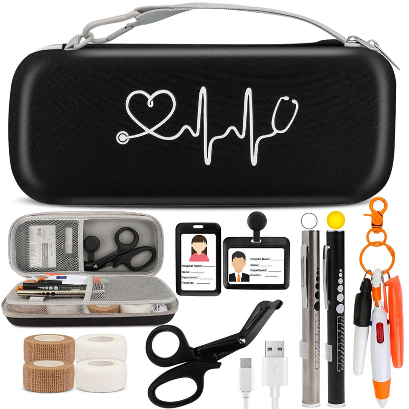 16 Pcs Stethoscope Case Kits, Stethoscope Case with Supplies Include 2 Pcs Rechargeable LED Pen Lights, Nurse Scissors, Nurse Pens, Bandage Wraps, Nurse Accessories, Perfect Nurse Gifts(Black) Black