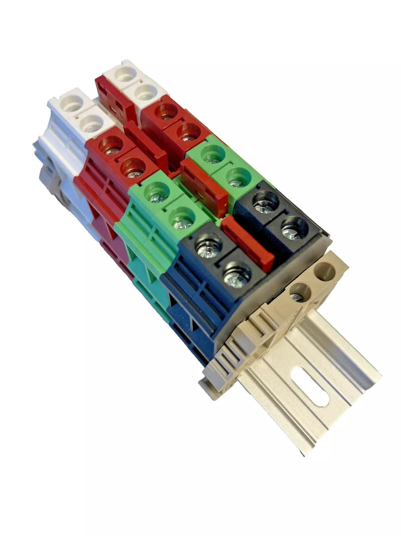 Power Distribution UL International Connector Dinkle Parallel Assembly DK10N White Red Green Black with Jumpers DIN Rail Terminal Blocks, 6-20 AWG, 60 Amp, 600 Volt L1 L2 N GND