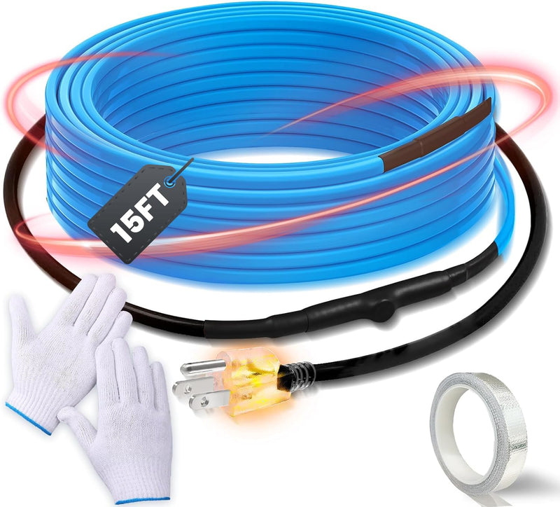 120V Heat Tape with Thermostat for Pipe Freeze Protection, 15 Feet Heat Trace for Water Pipes, 5 W/Ft, Electric Self-regulating Pipe Heating Tape for Metal And Plastic Pipes SnulyHeet 5W/FT 15-Feet