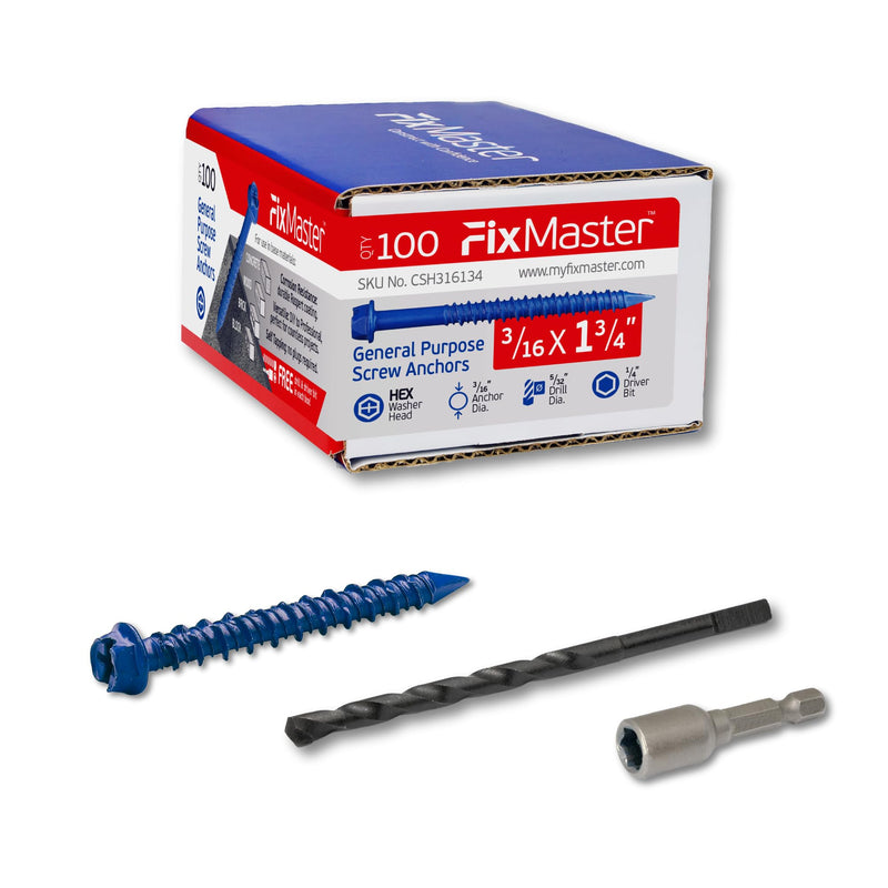 3/16 x 1-3/4" Hex Head Blue Concrete Screw Anchors (100 pcs Screw Kit) with one Screwdriver and Drill Bit for Concrete, Masonry, Block, Brick and Wood Fastening 3/16 x 1-3/4"