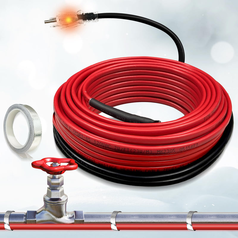 Anti-Freeze Heat Trace for Pipes, Heat Tape for Water Pipe Freeze Protection with Thermostat Electric Pipe Heating Trace System for Home Supply Pipes 120V, 7 Feet Red 7-Feet
