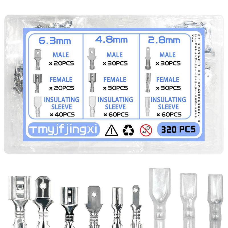 320PCS 2.8/4.8/6.3mm Spade Wire Terminal Connectors Male and Female Crimp Speaker Wire Connector with Insulating Sleeve for Car Audio Speaker Wiring WW003