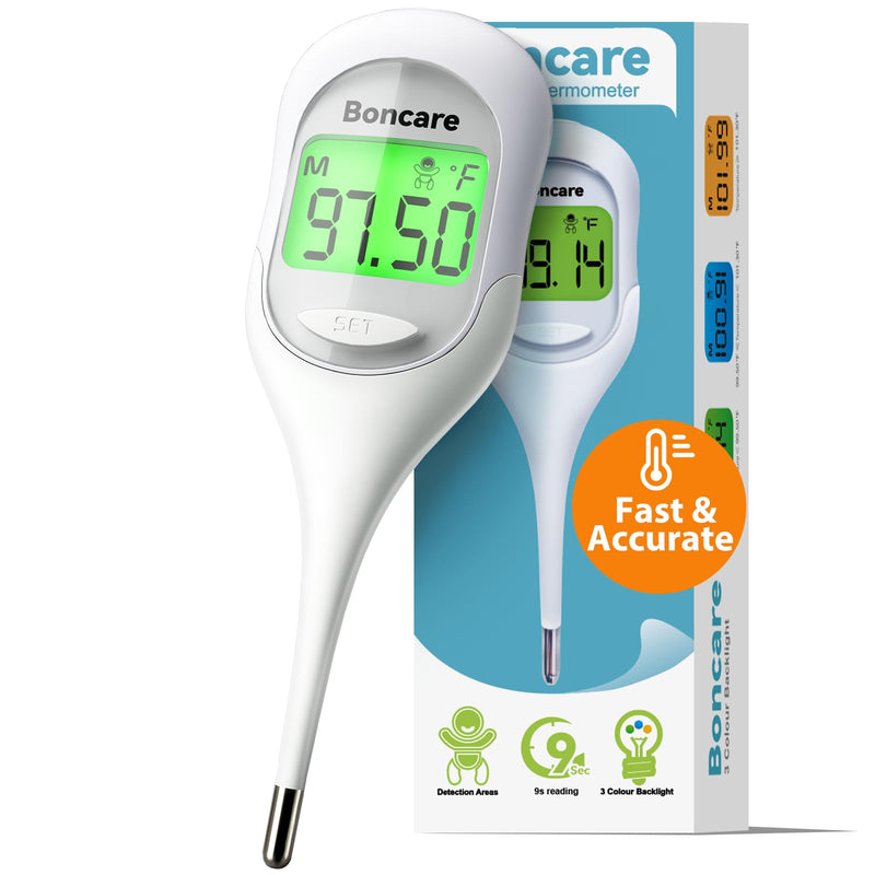 Boncare Basal Body Thermometer for Ovulation, Oral Thermometer for Adults and Kids - Accurate Rectal Thermometer for Baby, with Fever Alarm and Large Display, FSA HSA Eligible (Rice-White) Rice-white