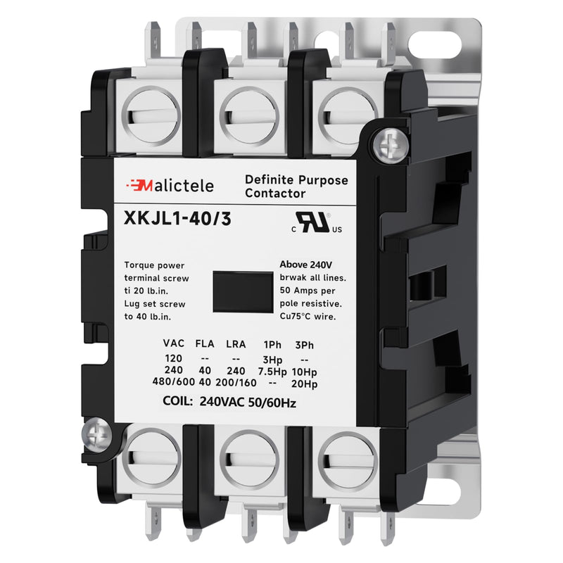 AC Contactor, Malictele 3 Pole 40 Amp Contactor 240V Coil HVAC Contactor for AC Unit Outdoor Compatible Condenser Compressors Refrigeration Systems Motors 3P 40A 208/240VAC