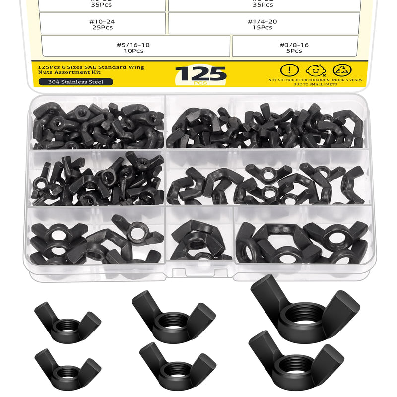 125Pcs SAE Wing Nuts Assortment Set, 6 Sizes Carbon Steel Butterfly Wing Nuts Black Wingnuts Fasteners, Hand Twist Tighten Ear Wing Nuts, 3/8”-16, 5/16”-18, 1/4”-20, #10-24, #8-32, #6-32