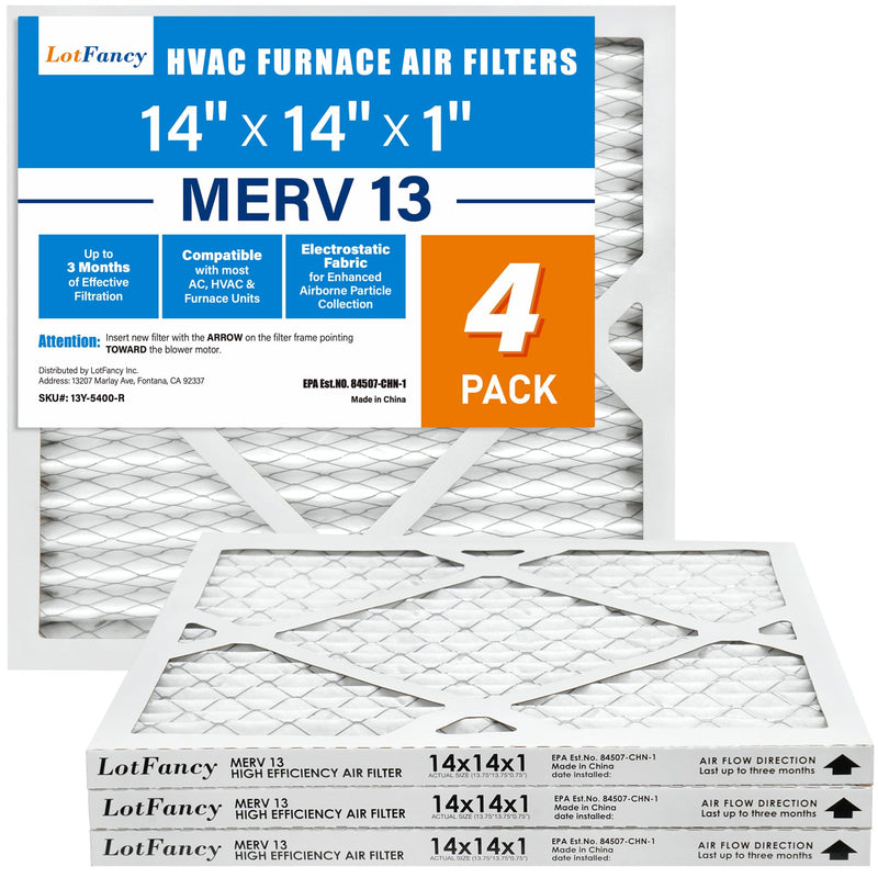 LotFancy 14x14x1 Air Filter MERV 13 4-Pack, Electrostatic Pleated HVAC Furnace Air Filter, Captures Pet Dander Smog Smoke, Actual Size: 13.75"x13.75"x0.75"